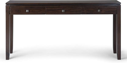 SIMPLIHOME Cosmopolitan Console Table - 60 Inch Wide Solid Wood Sofa Table in Mahogany Brown, Contemporary Storage Table for Entryway or Living Room with 3 Drawers, Square-Edged Top, and Tapered Legs