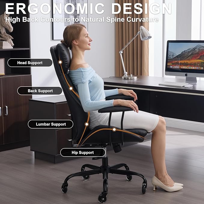 Home Office Desk Chair, PU Casters Ergonomic Computer Chair with Lumbar Support, Adjustable Height, 360°Rolling Swivel Chair, High Back Executive Task, Padded Armrests Chair, Black Leather