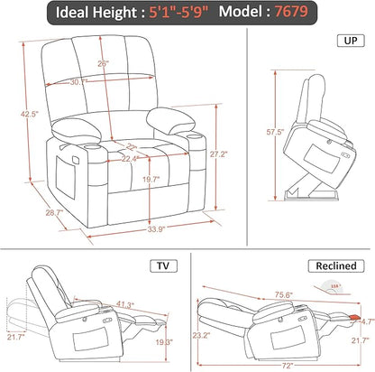 MCombo Medium Lay Flat Dual Motor Power Lift Recliner Chair Sofa with Massage and Heat for Elderly People, Infinite Position, Faux Leather 7679 (Dark Grey, Medium)