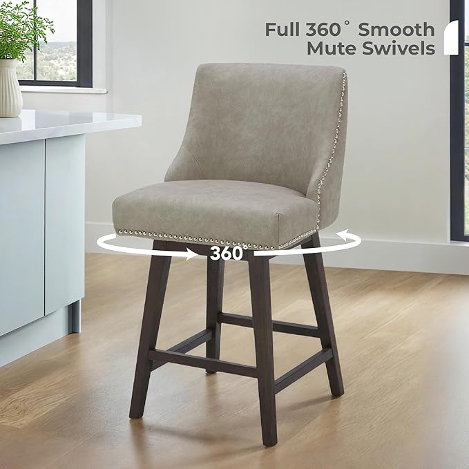 CHITA Counter Height Swivel Bar Stools Set of 2, FSC Certified Upholstered Counter Stools, Modern Swivel Barstools with Wood Legs for Kitchen Island, 26" Seat Height, Faux Leather in Stone Grey