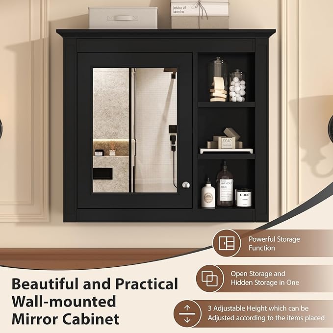 Bathroom Wall Cabinet with Mirror, 30'' x 28'' Medicine Cabinet with Mirror Door and Adjustable Shelves, Over Toilet Storage Cabinet, Wall-Mounted Bathroom Mirrors for Over Sink with Storage