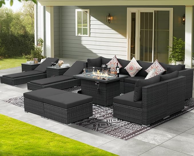 NICESOUL 13 Piece Outside Patio Set with Firepit Table, Luxury Full Size Outdoor Sectional Sofas with Pool Loungers, Oversized 29.3" Highback Wide Deep Backyard Fire Pit Seating for 10, Dark Grey