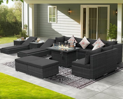NICESOUL 13 Piece Outside Patio Set with Firepit Table, Luxury Full Size Outdoor Sectional Sofas with Pool Loungers, Oversized 29.3" Highback Wide Deep Backyard Fire Pit Seating for 10, Dark Grey