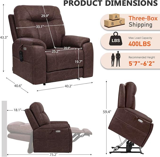 EONIX Triple Motor Lay Flat Power Lift Recliner Chair for Elderly, 400lbs Large Electirc Lift Chair for Living Room, Independent Adjustable Lumbar, Extended Footrest, Hidden Cup Holders, Dark Brown