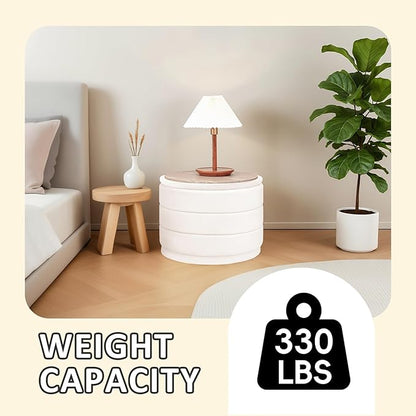 PINPLUS Large Round Velvet Storage Ottoman, White Upholstered Footstool with Hidden Storage, Sturdy Coffee Table Ottoman for Living Room & Bedroom
