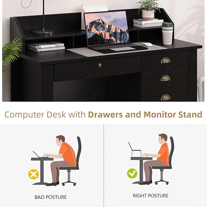 4 EVER WINNER Black Desk with Drawers, Small Desk with File Drawer and Monitor Stand, Computer Desk with Storage, Writing Desk for Bedroom Home Office, Black