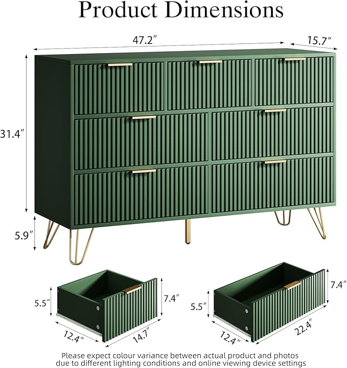 Dresser for Bedroom, Fluted Modern Dresser with Gold Pulls and 7 Drawers, 15.7" D x 47.2" W x 31.4" H, Green