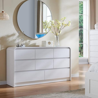 Modern 8 Drawers Dresser for Bedroom, 55" Wide Dressers & Chest of Drawers w/Curved Profile Design, Wood Mid Century Storage Dressers Organizer for Bedroom, Living Room, White