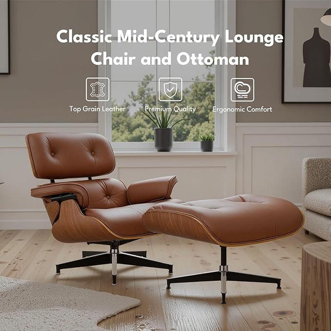 Top Grain Leather, Mid Century Chaise Lounge Chair and Ottoman, Modern Chair Classic Design, Heavy Duty Base Support for Living Room Study Lounge Office, Walnut-Brown