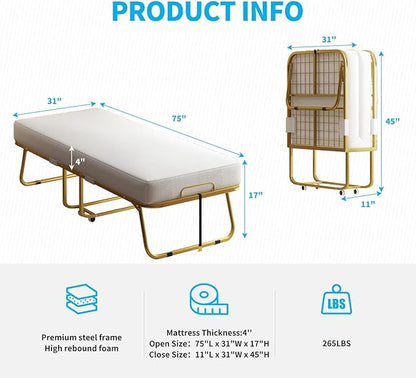 Mjkone Folding Bed with 4-Inch Mattress, 75x31 Inch Portable Rollaway Bed for Adults, Space Saving Design & Locking Wheels