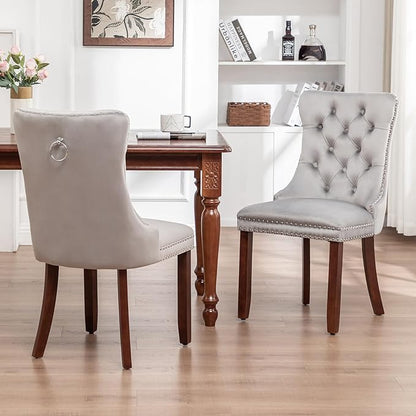 Velvet Dining Chairs Set of 4, Upholstered Dining Room Chairs with Nailhead Ring Pull, Button Tufted Wing Back Chairs for Dining with Solid Wood Legs for Kitchen Dining Room(Light Grey)