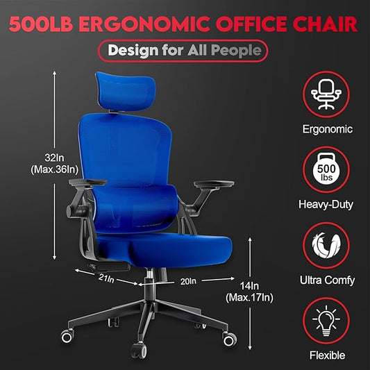 Ergonomic Office Chair - 400LB Comfy Desk Chairs with Adjustable Headrest and Lumbar Back Support, Mesh Computer Chairs with Wheels and Arms for Home Office, Study, Bedroom and Dorm (01blue)