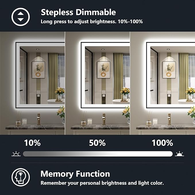 44x30 Inch LED Bathroom Mirror with Lights (Front Lit and Backlit) Black Framed Lighted Vanity Mirror for Bathroom Wall Dimmable Anti-Fog Memory Tempered Glass Horizontal/Vertical