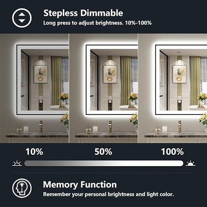 44x30 Inch LED Bathroom Mirror with Lights (Front Lit and Backlit) Black Framed Lighted Vanity Mirror for Bathroom Wall Dimmable Anti-Fog Memory Tempered Glass Horizontal/Vertical
