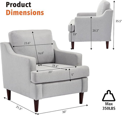 Mid-Century Accent Chair Modern Linen Fabric Armchair for Living Room,Comfy Upholstered Reading Chairs for Bedroom,Single Sofa Chair with Wood Legs (LightGrey, Set of 2)
