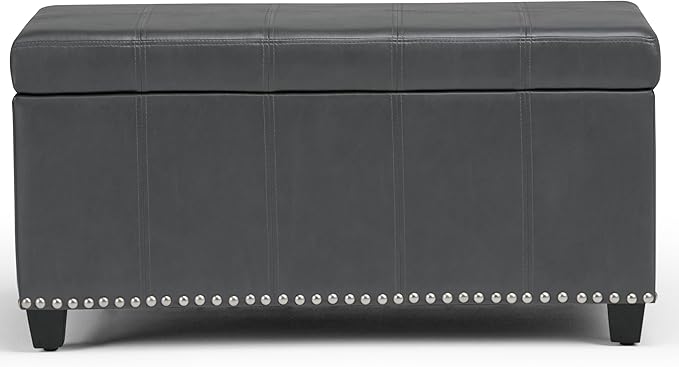 SIMPLIHOME Amelia 33 inch Wide Transitional Rectangle Storage Ottoman Bench in Stone Grey Vegan Faux Leather, Assembled, For the Living Room, Entryway and Family Room