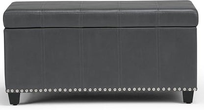 SIMPLIHOME Amelia 33 inch Wide Transitional Rectangle Storage Ottoman Bench in Stone Grey Vegan Faux Leather, Assembled, For the Living Room, Entryway and Family Room