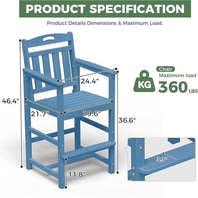 Outdoor Patio Bar Height Chair, All-Weather HDPE Tall Balcony Adirondack Stools for Bistro, Garden, Backyard, Deck | Blue