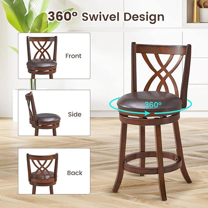 COSTWAY Bar Stools Set of 4, 360° Swivel Chairs with Rubber Wood Frame, 26 in PU Leather Cushioned Seat and Footrests, for Kitchen Island, Dining Room, Bar (Brown-26 inches, 4 stools)