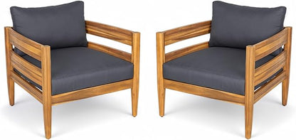 Christopher Knight Home Annie Acacia Wood Outdoor Chairs Set of 2, Patio Lounge Chair Outdoor with Slatted Back, Accent Chair with Cushions, Stylish Armchair for Balcony/Garden, Dark Gray + Teak