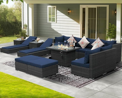 NICESOUL 13 Piece Outdoor Couch with Firepit Table, Durable Hevy Duty Wicker Patio Furniture with Lounger, Big Large Sectional 10-Seats with Long Propane/Natural Gas Firepit and Chaise, Gray&Navy Blue