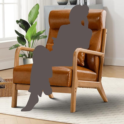 Accent Chair Mid Century Modern Chair PU Leather Living Room Chairs with Solid Wood Frame Comfy Upholstered and Lumbar Pillow Reading Side Chair Easy Assembly for Bedroom (2, Brown)