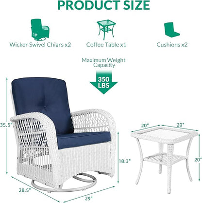 VIVIJASON 3-Piece Patio Conversation Bistro Set, Outdoor Swivel Glider Rocking Chairs Rattan Furniture Set w/ 2 Rattan Chairs, Glass Top Side Table for Porch Backyard, White - Navy Blue
