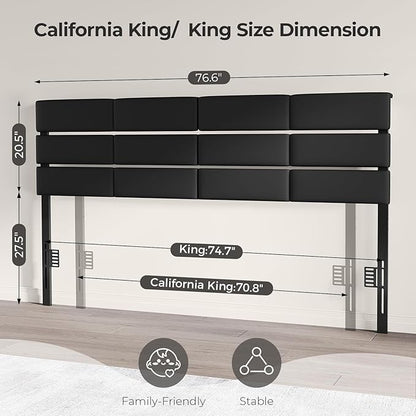 King/Cal King Size Upholstered Velvet Headboard, Adjustable Head Boards with LED Light & Charging Station, Bed Headboard Only, Attach Frame, Ideal for Bedroom, Dorm, Guest Room, Black