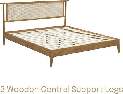 NTC Ruby Wooden Bed Frame with Headboard and Natural Rattan, Solid Oak Foundation with Silent Slats, 1000 Lb Capacity, Effortless Assembly, King - Teak Look