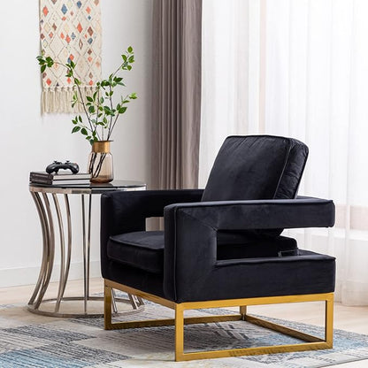 Modern Accent Chair Set of 2, Velvet Upholstered Side Chair with Backrest, Comfy Armchair Side Chair with Golden Metal Base for Living Room Reception Room, Black