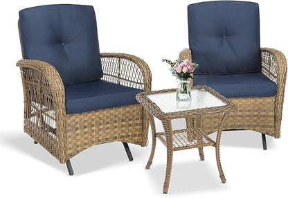 VIVIJASON 3-Piece Outdoor Patio Furniture Set, Outdoor Wicker Glider Rocking Chairs Rattan Conversation Bistro Sets w/ 2 Rattan Cushioned Chairs and Glass Top Side Table for Porch Backyard, Navy Blue
