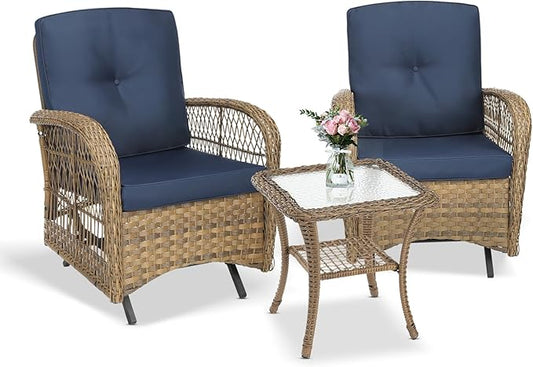VIVIJASON 3-Piece Outdoor Patio Furniture Set, Outdoor Wicker Glider Rocking Chairs Rattan Conversation Bistro Sets w/ 2 Rattan Cushioned Chairs and Glass Top Side Table for Porch Backyard, Navy Blue