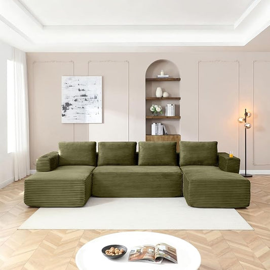 132 Inch Modular Sectional Sleeper Sofa, Boneless Cloud Couch for Living Room, U Shaped 5 Seat Sofa with 2 Cup Holders, Free Combination, No Assembly Required (Green)