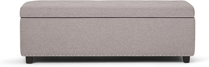 SIMPLIHOME Hamilton 48 inch Wide Transitional Rectangle Storage Ottoman in Cloud Grey Linen Look Fabric, Assembled, For the Living Room, Entryway and Family Room