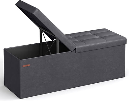 SONGMICS MAZIE Collection - 43 Inches Storage Ottoman Bench with Flipping Lid, Storage Chest with Iron Frame Support, Load 660 lb, for Living Room, Bedroom, Synthetic Leather, Dark Gray ULSF075G01