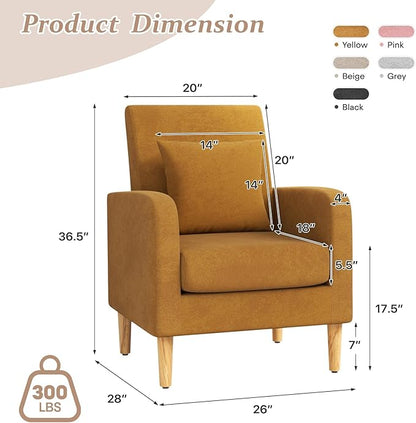 Athena Collection Armchair Modern Accent Chair Upholstered Sofa Chair with High Back, Linen Lounge Living Room Chair Single Reading Seat with Pillow & Thick Seat Cushion for Bedroom, Yellow