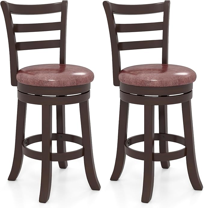 COSTWAY 26" Counter Height Stools Set of 2, Swivel High-Top Chairs with Backrest & Faux Leather Padded Seat, Rubber Wood Counter Barstools with Footrest for Kitchen, Dining Room, Pub (2,26'')