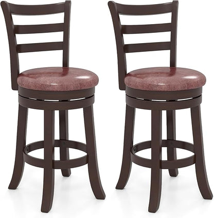 COSTWAY 26" Counter Height Stools Set of 2, Swivel High-Top Chairs with Backrest & Faux Leather Padded Seat, Rubber Wood Counter Barstools with Footrest for Kitchen, Dining Room, Pub (2,26'')