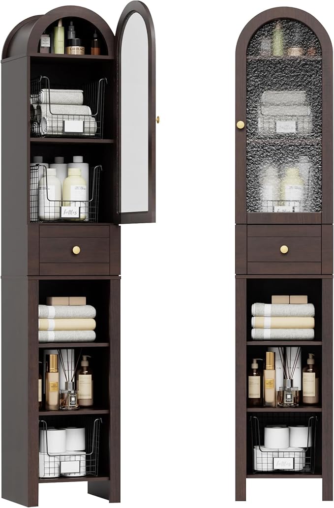 70" Tall Bathroom Storage Cabinet with Acrylic Door，Narrow Storage Cabinet with Drawer Adjustable Shelves, Modern Arched Design Bathroom Cabinet for Bathroom, Living Room, Kitchen, Espresso