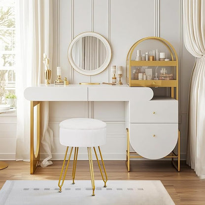 VECELO Vanity Stool with Storage, Velvet Chair for Vanity, Strong Metal Legs, Anti-Slip Feet, Padded Seat for Make Up, Bedroom, Living Room, Entryway, White
