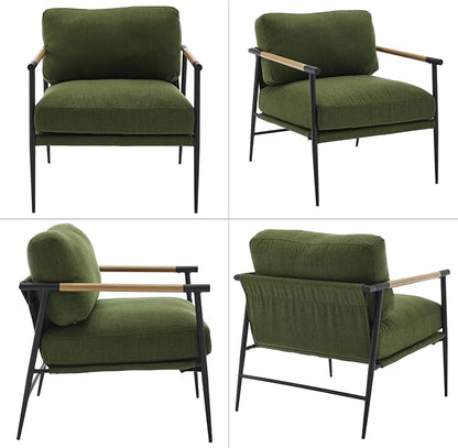 Mid-Century Accent Chair Set of 2, Soft Armchair Linen Fabric Lounge Chair with Black Metal Legs, Upholstered Leisure Chair for Living Room Reception Room, Green