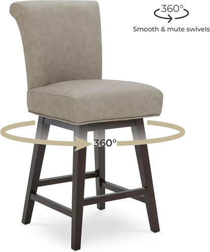 CHITA 26 Inch Counter Height Swivel Bar Stools Set of 2, FSC Certified Modern Upholstered Faux Leather Swivel Barstool Chair with Back, Stone Grey