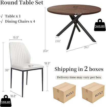 45.3'' Walnut Round Dining Table Set for 4, Mid Century Modern Small Coffee Set for Dining Room Kitchen Apartment (Dark Walnut Table + 4 White Chairs)