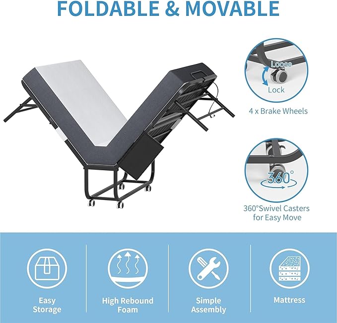 Folding Bed with Mattress for Adults, 75" x 31" Foldable Bed with Side Pocket, Twin Size Metal Bed Frame with Wheels, Portable Rollaway Bed for Guest, Travel