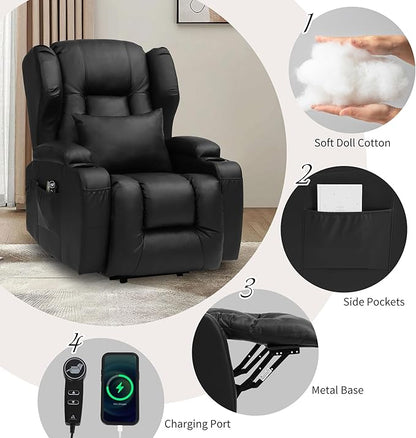 URRED Power Lift Recliner Chair for Elderly, Electric Massage Recliner with Heat, Infinite Position Adjustment, Faux Leather Lift Chair with Cup Holders, Side Pockets & USB Port – Light Black