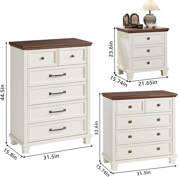 Farmhouse Bedroom Dresser and Nightstand Set of 4, 6 Drawer Tall & 5 Drawers Dresser & 3 Drawer Nightstand Set with Wooden Legs, Rustic Wood Bedroom Furniture for Livingroom, Hallway, White