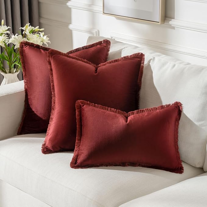 FUTEI Burgundy Velvet Decorative Throw Pillow Covers 16x16 Set of 2,Soft Cozy Edge with Tassels Cushion Case,Boho Modern Home Decor for Couch Bed Living Room