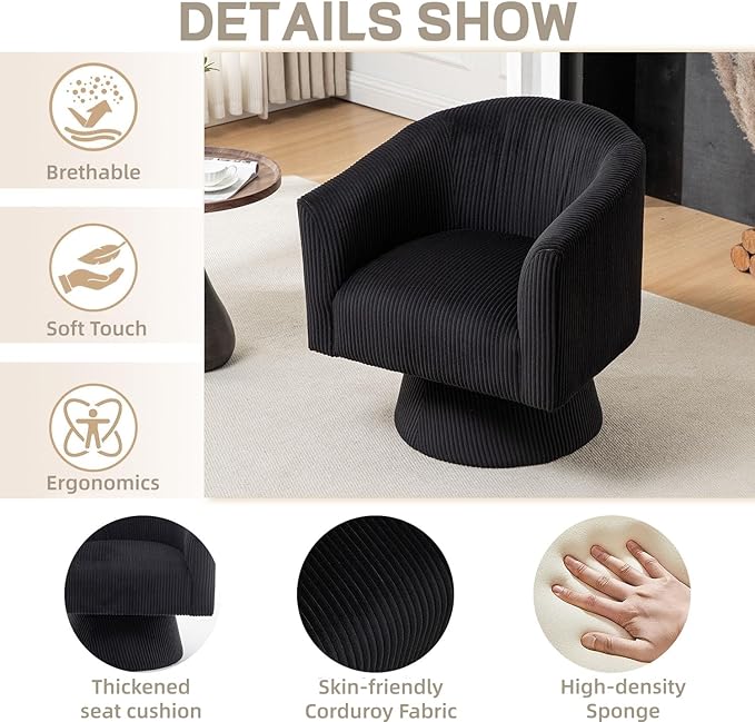 Swivel Accent Chair, Modern 360° Swivel Barrel Chair, Corduroy Upholstered Single Sofa for Living Room, Bedroom(Black)