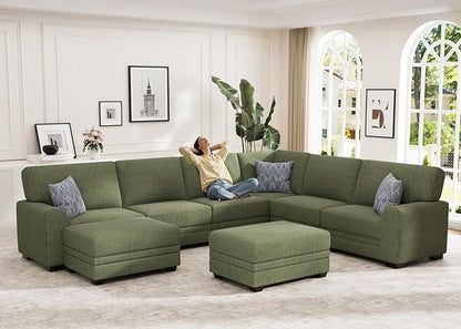 Wanderwell Oversized Modular Sectional Sofa, 8-Seater U Shaped Couches with Movable Ottoman,Corduroy Sectional Couch with Wide and Deep Seats Suitable for Living Room,Bedroom,Apartment (Olive, U-8)