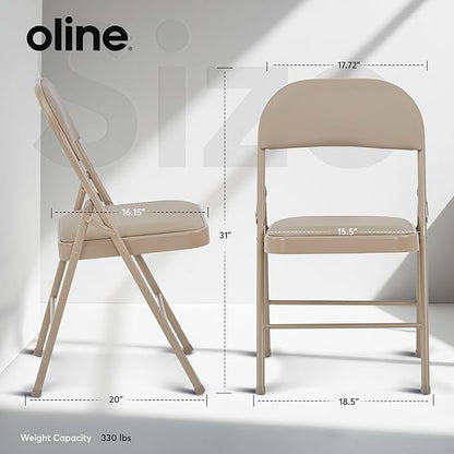 Oline Vinyl Folding Chairs, Padded Vinyl Cushion Chairs with Durable Metal Frame, Indoor Outdoor Stackable Foldable Guest Chairs for Office Wedding Kitchen Dining, 300lb Capacity (Khaki, 2 Pack)